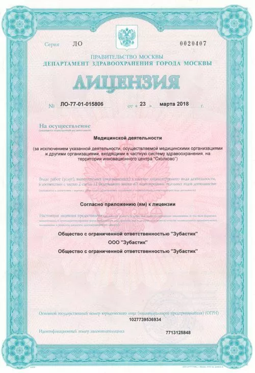 Лицензия №-ЛО-77-01-015806 0020407 от 23.03.2018